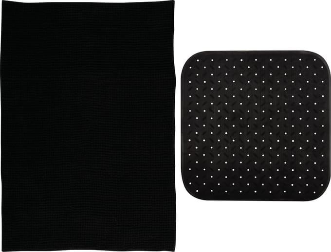 MSV Douche anti-slip mat en droogloop mat - Sevilla badkamer set - rubber/microvezel - zwart