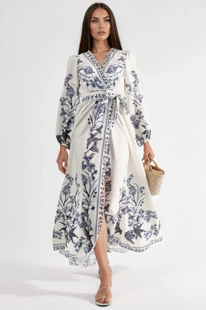 Florale Maxi Jurk met V-hals en Strikdetail