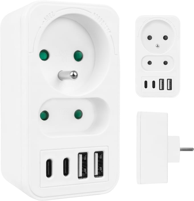 Maclean MCE249 F/W - Stekker -stroomaansluiting x2 + 4xUSB, splitter met 2 aansluitingen, 2xUSB A, 2xUSB C PD 20W, 1x16A + 1x6A - Wit