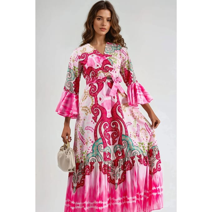 Rimpelige Paisley V-hals Maxi Jurk