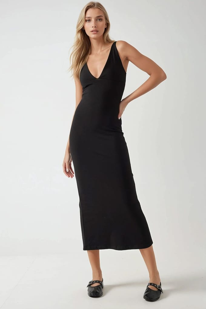 Slim Fit V-hals Basis Midi-jurk