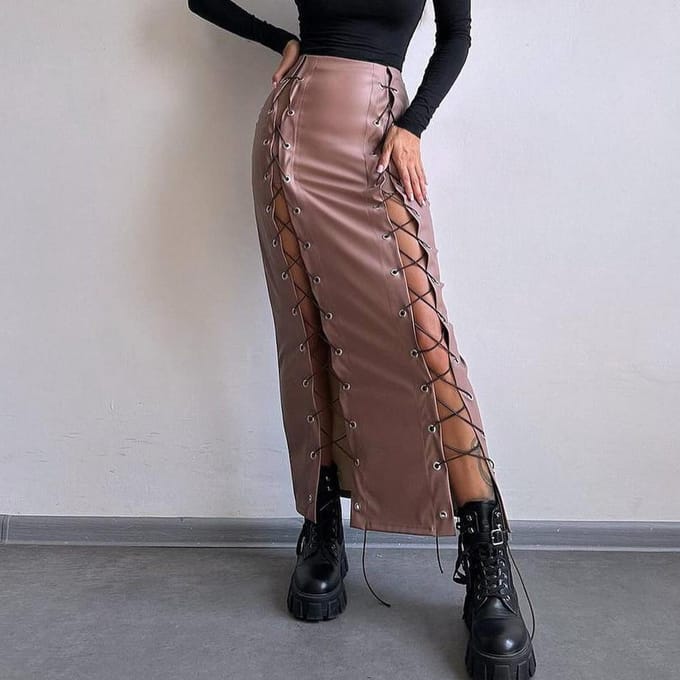 Dames Lente PU Leer Sexy Effen Kleur Split Vetersluiting Heup Rok Slimme Rok XL gray