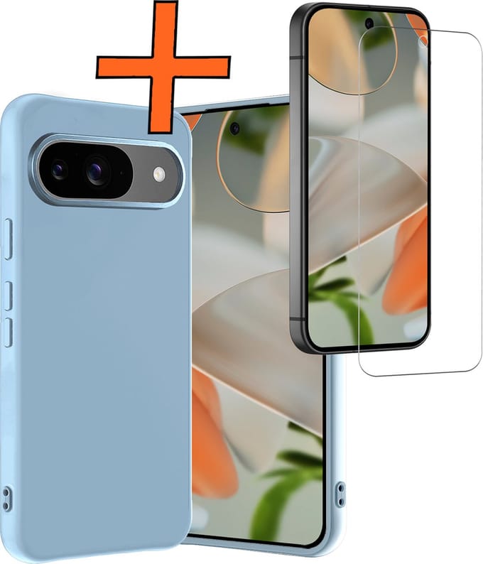 Hoes - Met Screenprotector - Geschikt voor Google Pixel 9 - Sterk & Shockproof - Back Cover - Siliconen Case - Telefoon Hoes - Lichtblauw