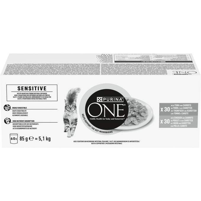 PURINA® ONE® Sensitive - Kattenvoer Natvoer - Tonijn & Kip - 60 x 85 g