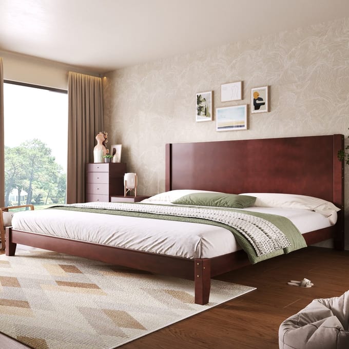 Platformbed - 180x200 cm - Bedframe met hoofdbord - Stabiele lattenbodem - Hout - Bruin