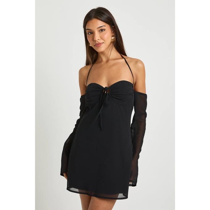 boohoo Dames Chiffon minijurk met lange mouwen | Black | Maat: 16