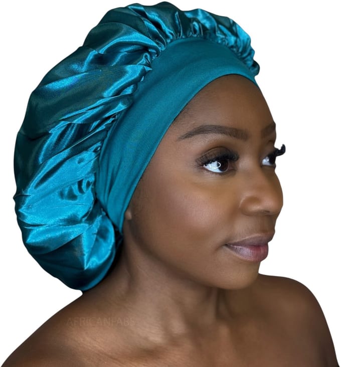Satijnen Haar Bonnet - Groen Turquoise met hoofdband (Satijnen Slaapmuts ) – AfricanFabs®