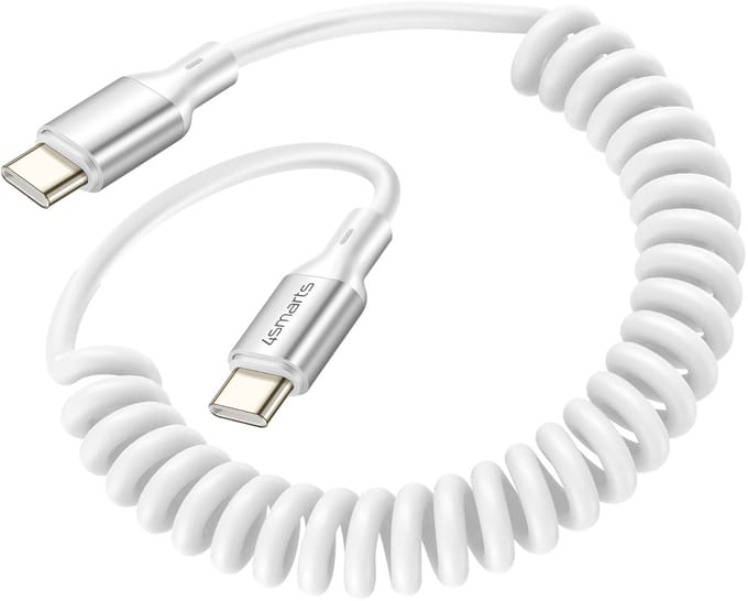 4smarts USB-C naar USB-C Krulsnoer Kabel 240W Power Delivery 50CM Wit