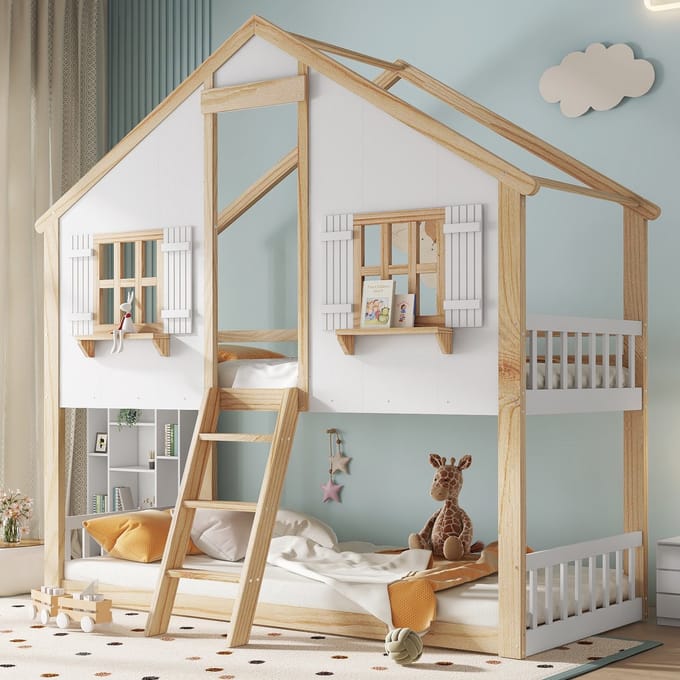 REDOM Stapelbed 90x200 cm – Wit/naturel – Met dak, ramen & 3-staps schuine ladder – Veilig