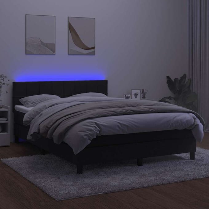 vidaXL - Boxspring - met - matras - en - LED - fluweel - zwart - 140x200 - cm
