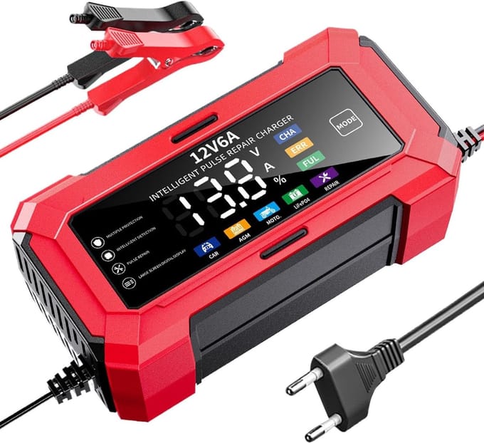 Acculader - Druppellader Voertuig - Onderhoud Voertuigen - Automatische Uitschakeling - 12V 6A - Rood