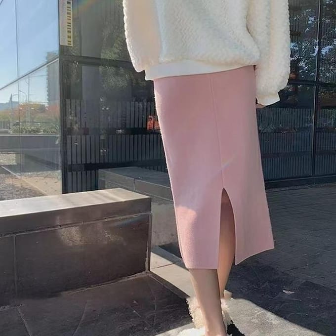 Kasjmier Roze Gebreide Rok met Hoge Taille Split Winter Trui Midi-lengte One-step Rok met Heuprok Zachte Stijl One size gray