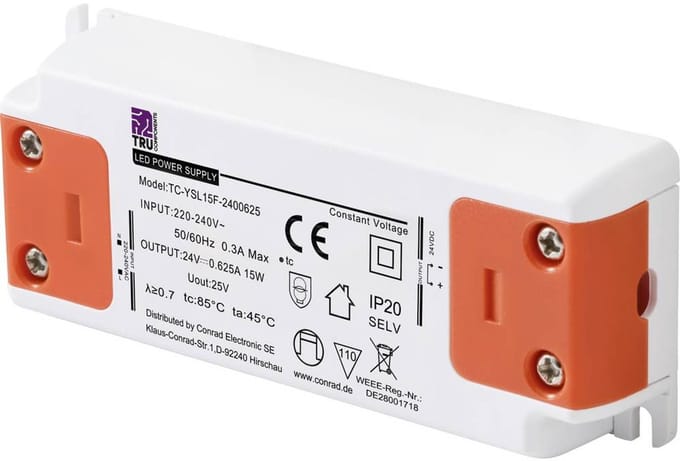 TRU COMPONENTS TC-YSL15F-2400625 LED-transformator Constante spanning 15 W 0.625 A 24 V/DC Geschikt voor meubels, Overspanning, Montage op ontvlambare