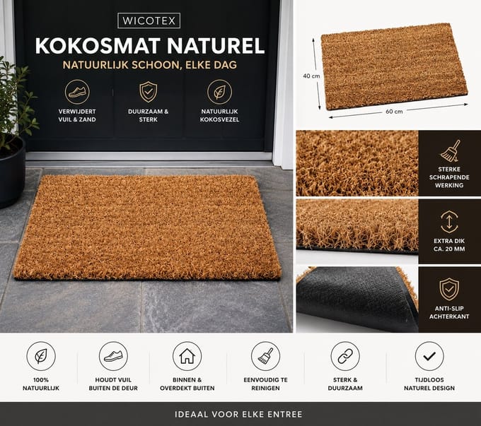 Wicotex - Deurmat - Kokosmat - Schoonloopmat - Kleur naturel - Afmeting 40x60cm