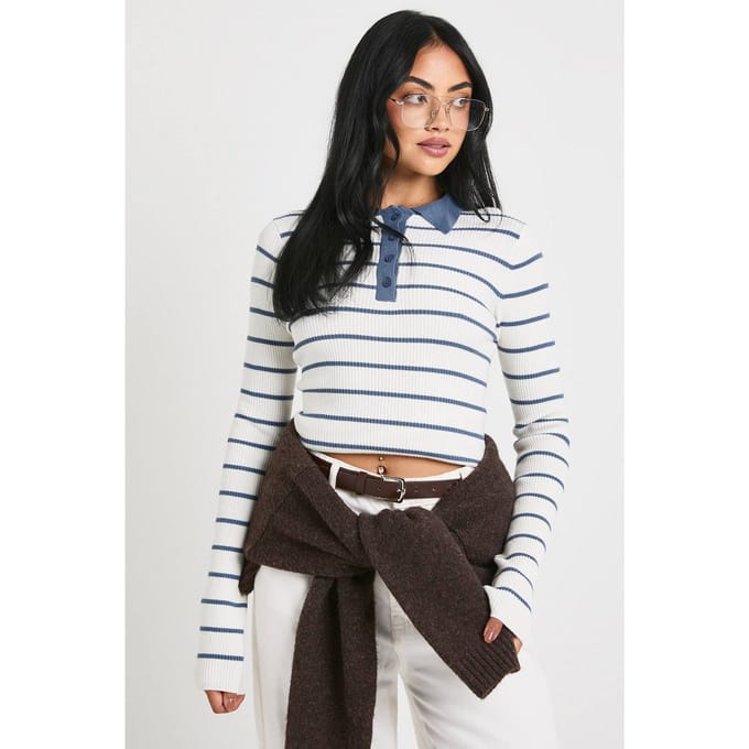 boohoo Dames Fijngebreide Top met Gestreepte Kraag | Blue | Maat: Medium