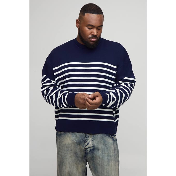 Plus Gebreide Gestreepte Oversized Rondhals Trui | Dark Navy | Size 2XL