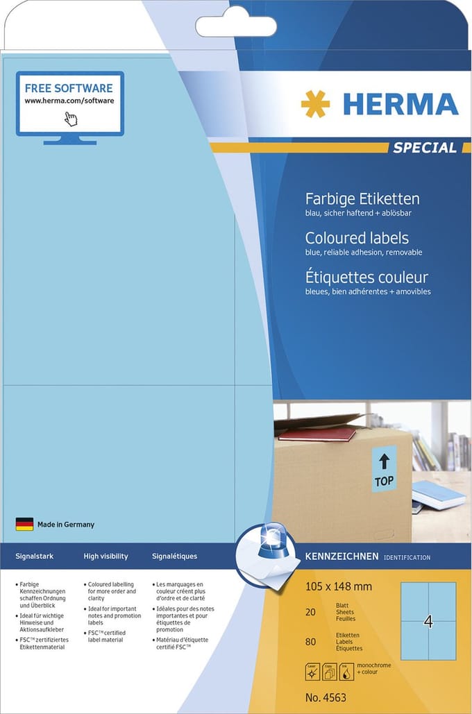 Etiketten A4 blau 105x148mm Papier matt abl�sbar 80St.