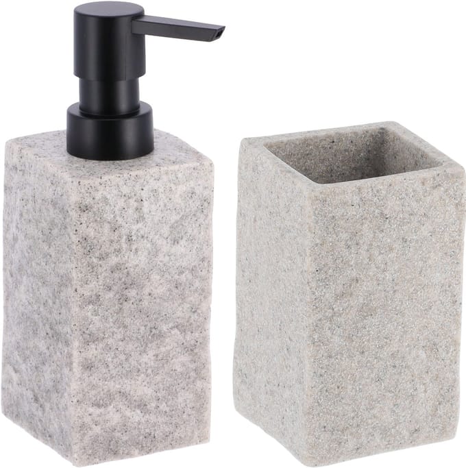 Badkamer set - zeeppomp/tandenborstelbeker - grijs - kunststeen - polyresin