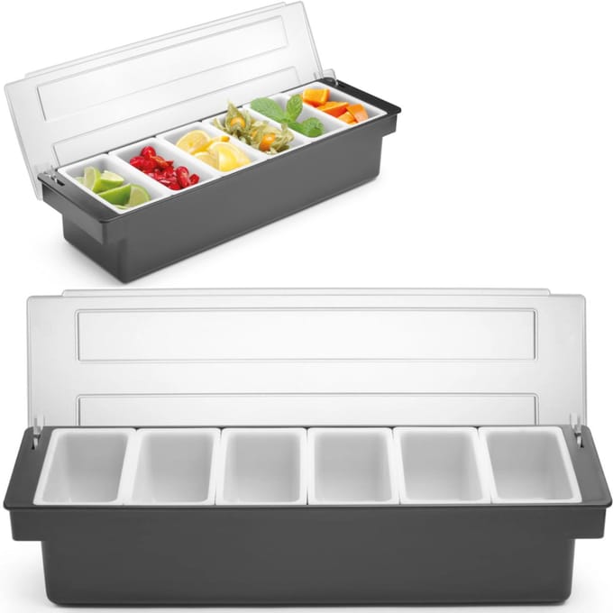 BarUp Ingrediëntenhouder – 6 containers – transparant deksel – vaatwasserbestendig – 480x150x100 mm