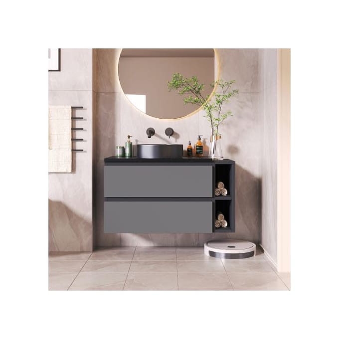 Meuble sous-vasque suspendu - MUVOE - Design moderne - 80 cm - Vasque céramique noire - Tiroirs gris
