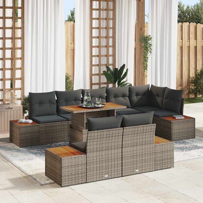 vidaXL Tuin Eettafel Set met kussen 9 pcs Grijs en Bruin