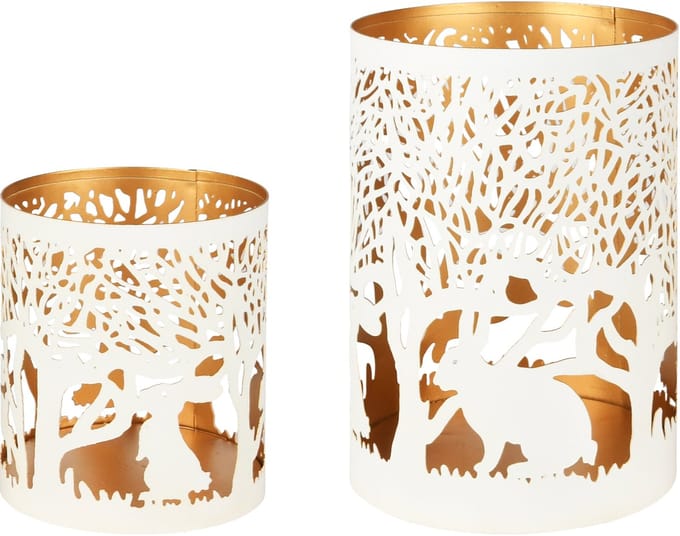 Dekoratief | Set 2 Waxinelichthouders 'Forest Hare', wit/goud, metaal, 10x10x15cm | A248202