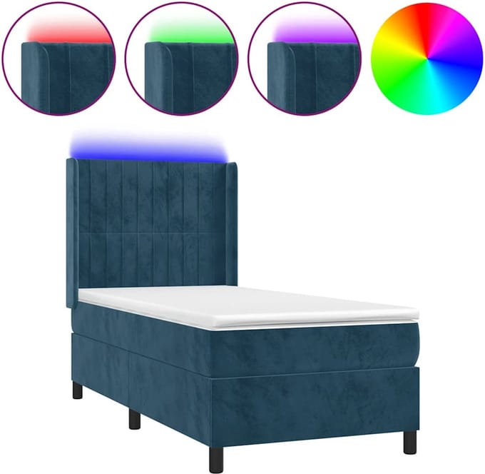 vidaXL - Boxspring - met - matras - en - LED - fluweel - donkerblauw - 90x200 - cm