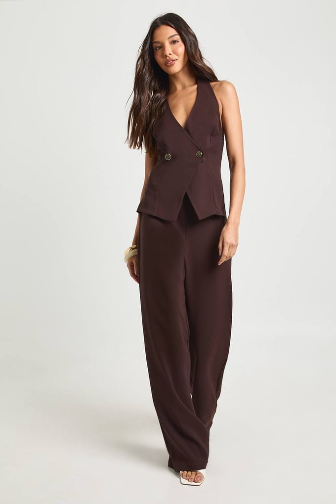 boohoo Dames Gouden Knoop Wikkel Jumpsuit | Chocoladebruin | Maat: 42