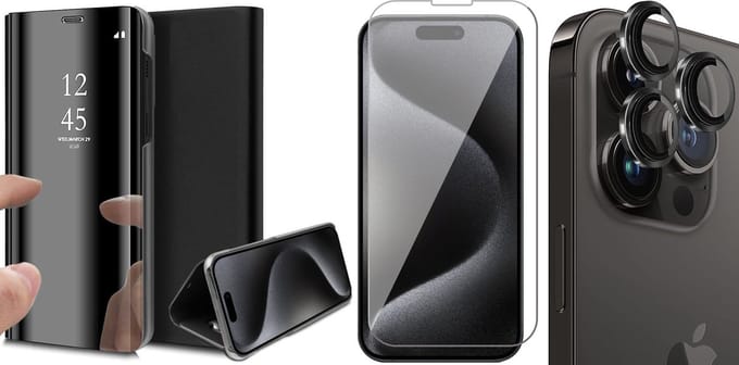 Hoesje geschikt voor iPhone 15 Pro Max - Screenprotector GlassGuard & Camera Lens Screen Protector Zwart - Book Case Spiegel Zwart