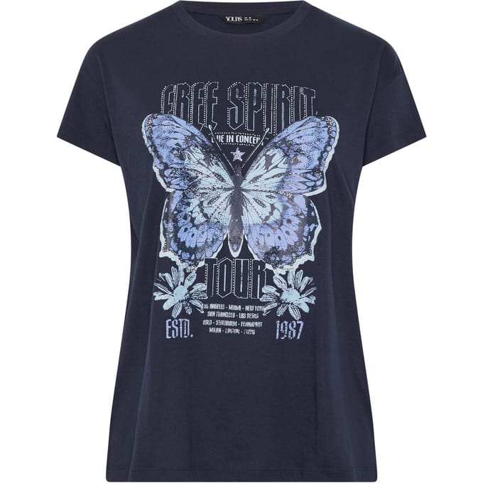 Yours Marineblauw 'Free Spirit' Tshirt Met Vlinderversiering Size 48