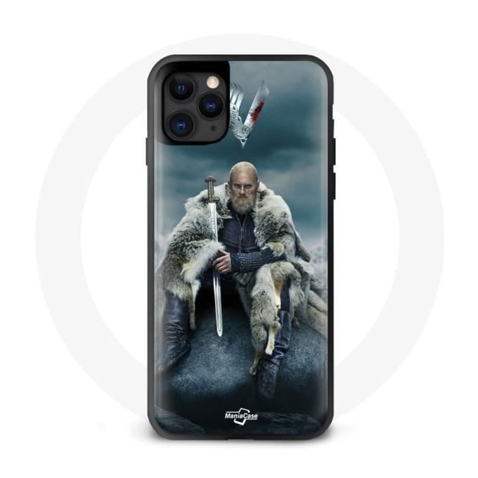 Coque maniacase pour Iphone 13 Pro Vikings Série Saison 6 Ragnar Lothbrok logo V Epée Gris Fond Brouillard