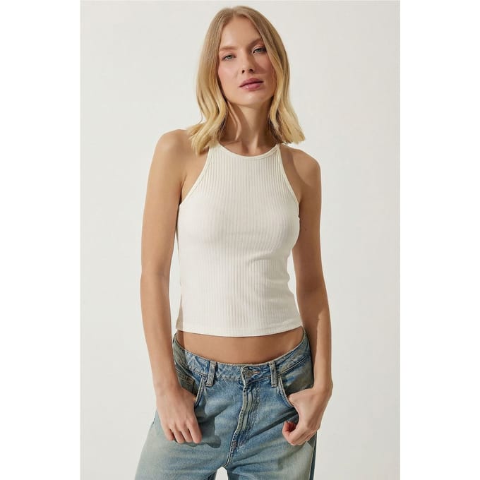 Geribbelde Halternek Croptop Blouse