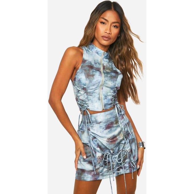 boohoo Dames Tonal Tie Dye Veters Mini Rok | Blauw | Maat: 34