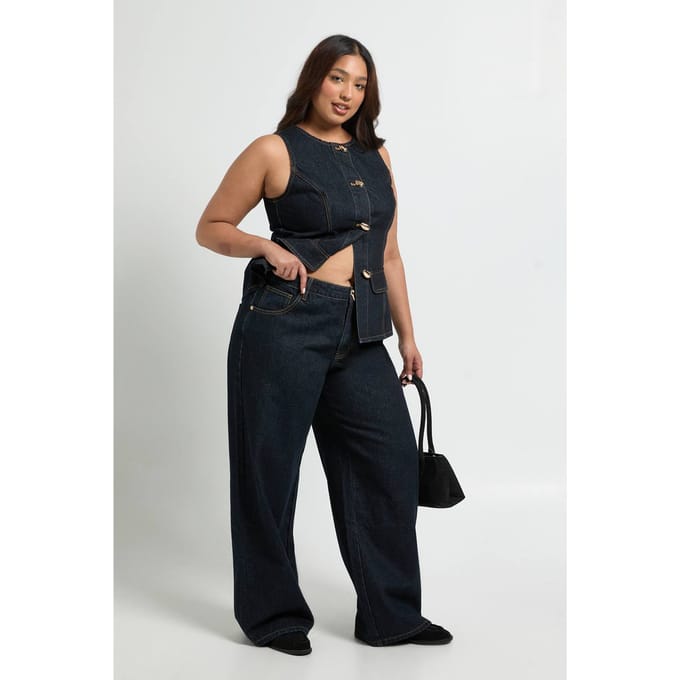 boohoo Dames Plus Contrast Stiksel Denim Wijde Pijpen Jeans | Indigo | Maat: 16