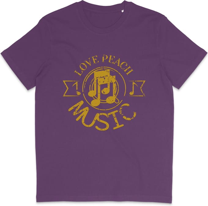 Heren Dames T Shirt - Print en Tekst: Love Peace Music - Paars - S