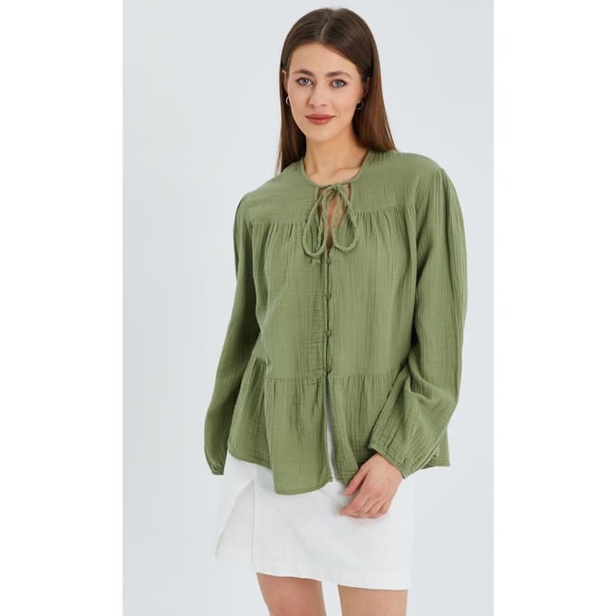 Lange Mouwen Losse Blouse met Strikhals