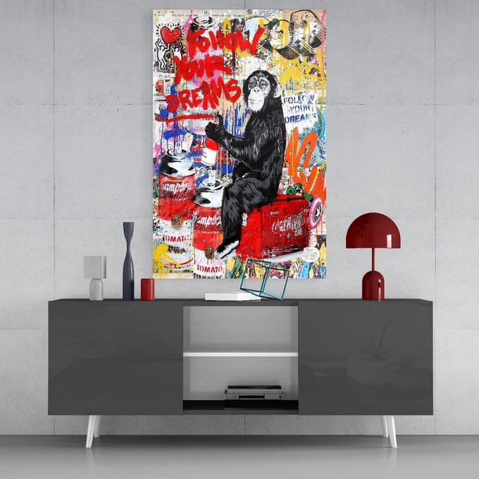 Glasschilderij Graffiti - Aap - Dieren - 72x46 cm