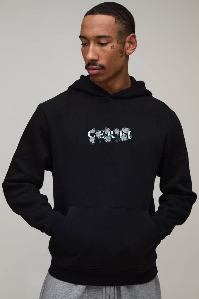 Regular Hoodie Met Geborduurd Bloemmotief Op De Borst | Black | Size Medium