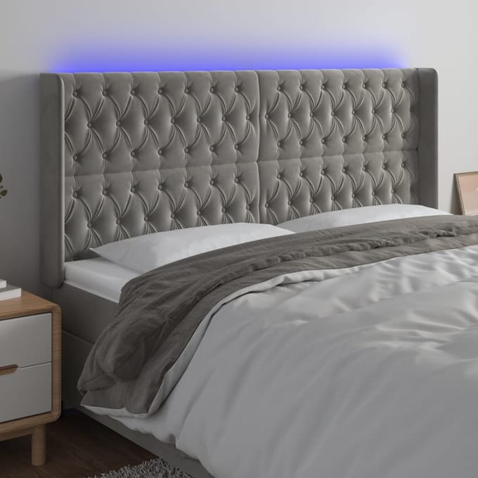 vidaXL - Hoofdbord - LED - 203x16x118/128 - cm - fluweel - lichtgrijs