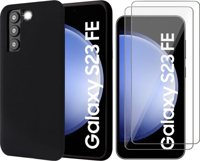 Hoesje geschikt voor Samsung Galaxy S23 FE - 2x Screenprotector Glas - Mat Back Case Zwart