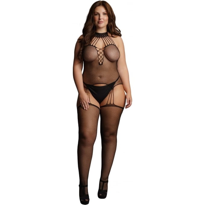 Le Desir - Jarretel Visnet Choker Bodystocking - Plus Size