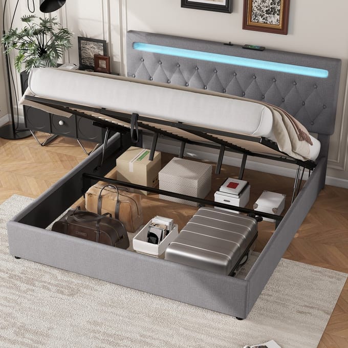 MODFU Bedframe 180x200 cm – grijs linnen – met LED (app), USB/Type-C en hydraulische opbergruimte