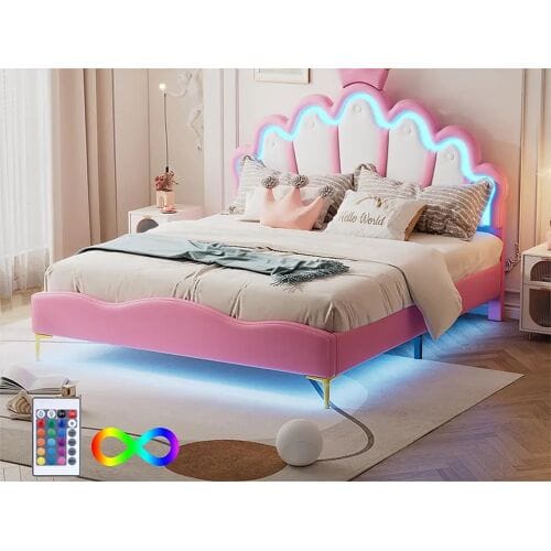 ModernLuxe Kinderbed 140x200cm met LED - prinsessenbed met kunstleren kussen - Roze