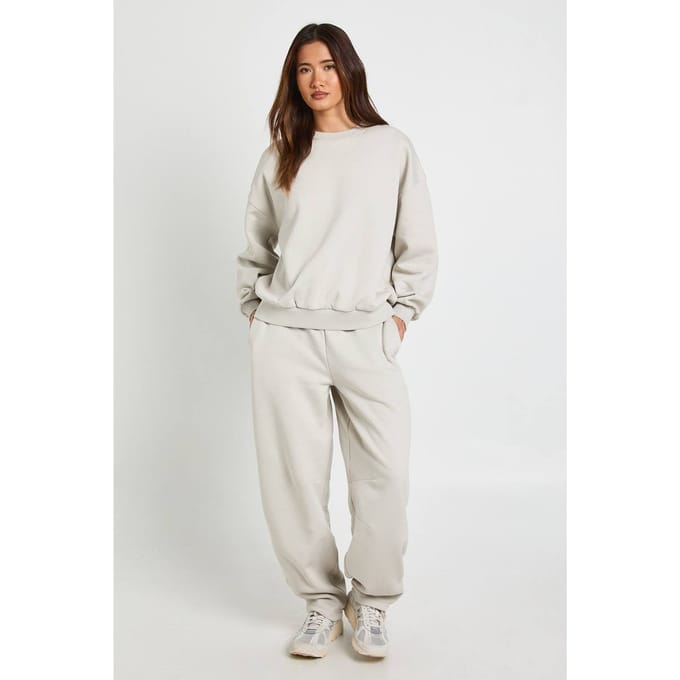 boohoo Dames Naaddetail Sweatshirt Barrel Jogger Trainingspak | Stone | Maat: Medium