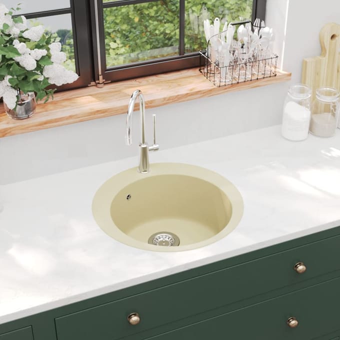 vidaXL - Gootsteen - enkele - bak - rond - graniet - beige