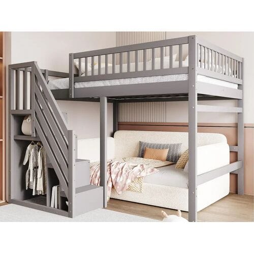 ModernLuxe Mezzanine bed 140x200cm - met trap met opbergruimte - massief hout + multiplex + MDF - Grijs