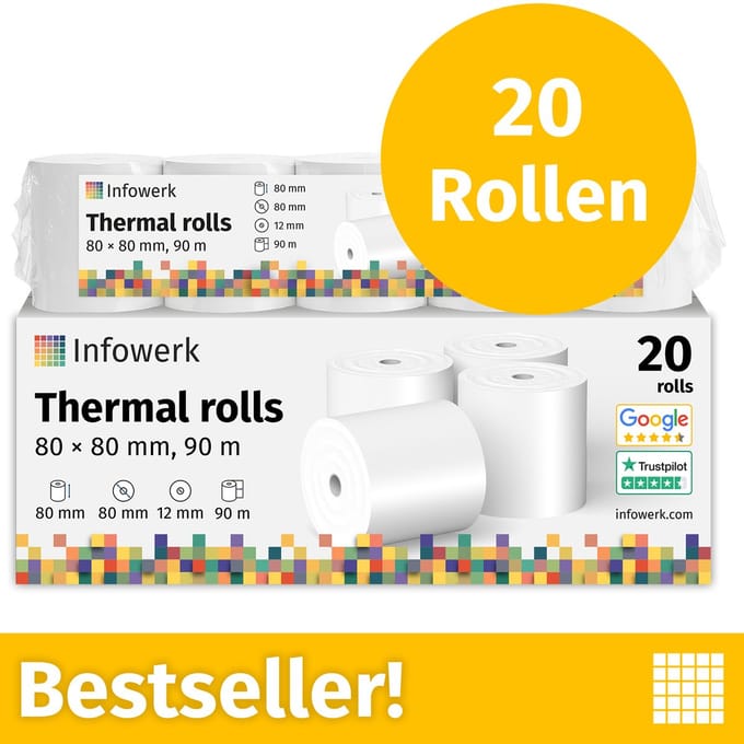 NIEUW: Infowerk Thermische Rollen / Kassarollen, 20 Rollen, 80mm x 80mm x 12mm, 90m, Testwinnaar, PEFC-gecertificeerd, voor EPSON, IBM e.a.