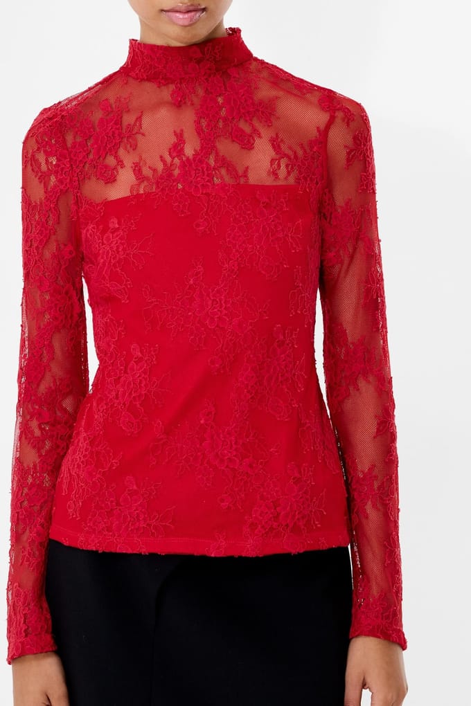 French Connection Bridget Lace Ls Top Lipstick Red Größe: M | Longsleeves Outlet | Damen | Rot