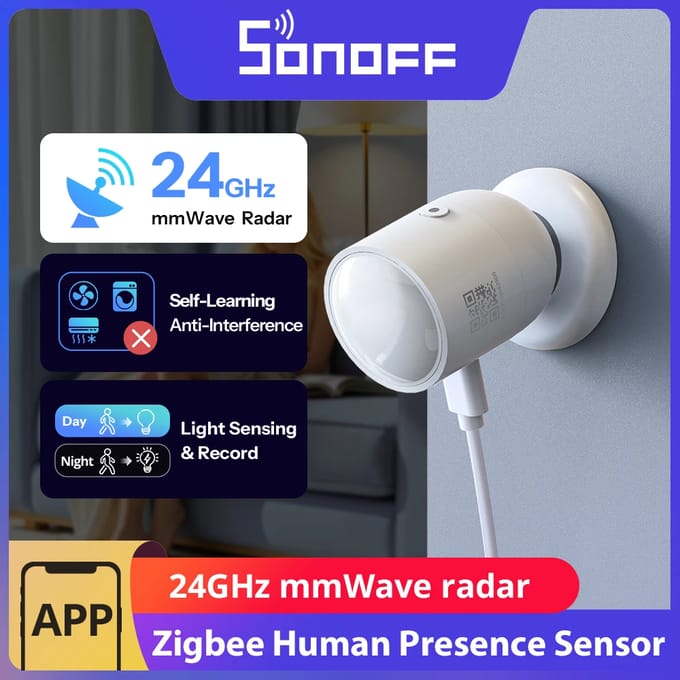 SONOFF SNZB-06P24 Zigbee Aanwezigheidssensor 24GHz, Bewegingssensor met Lichtsensor, Zone Detectie, Adaptieve Kalibratie, Compatibel met Home Assistant, Alexa & SmartThings (Hub vereist)