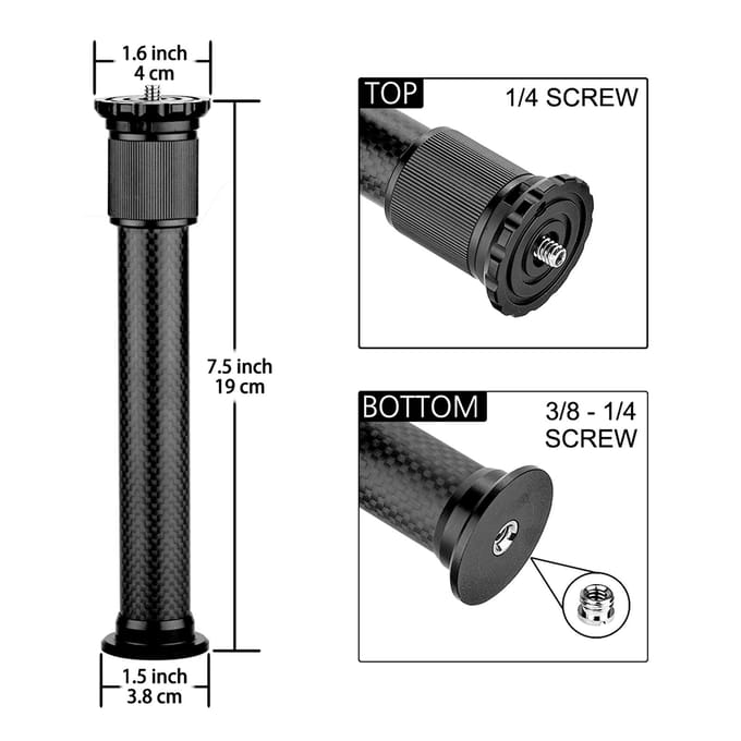 Universele koolstofvezel statief verlengstok 2-delige uitschuifbare staaf Max. Hoogte 32cm/12.6in met zwart